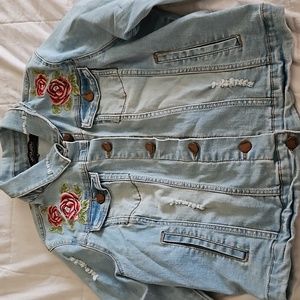 Jou Jou cropped denim jacket with roses embroidery